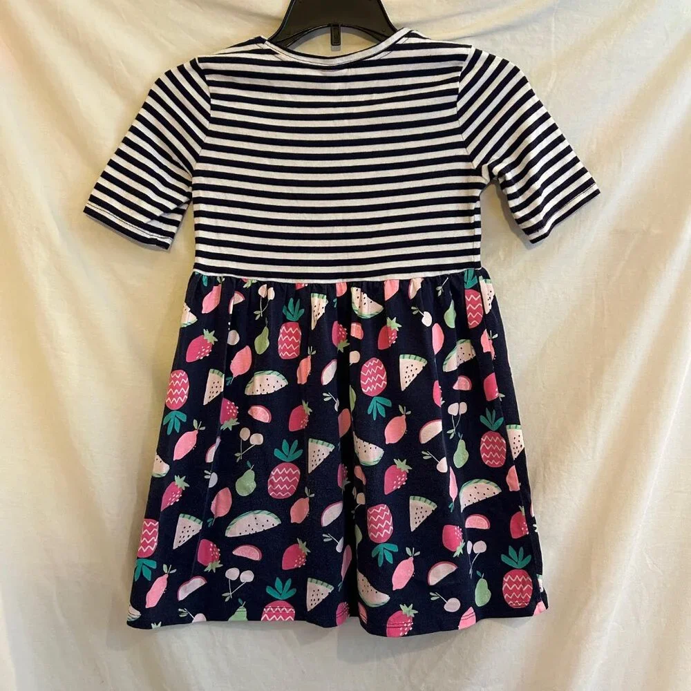 Gymboree Girls Small 5/6 Short Sleeve Blue Striped Fruit Salad Skater Dress